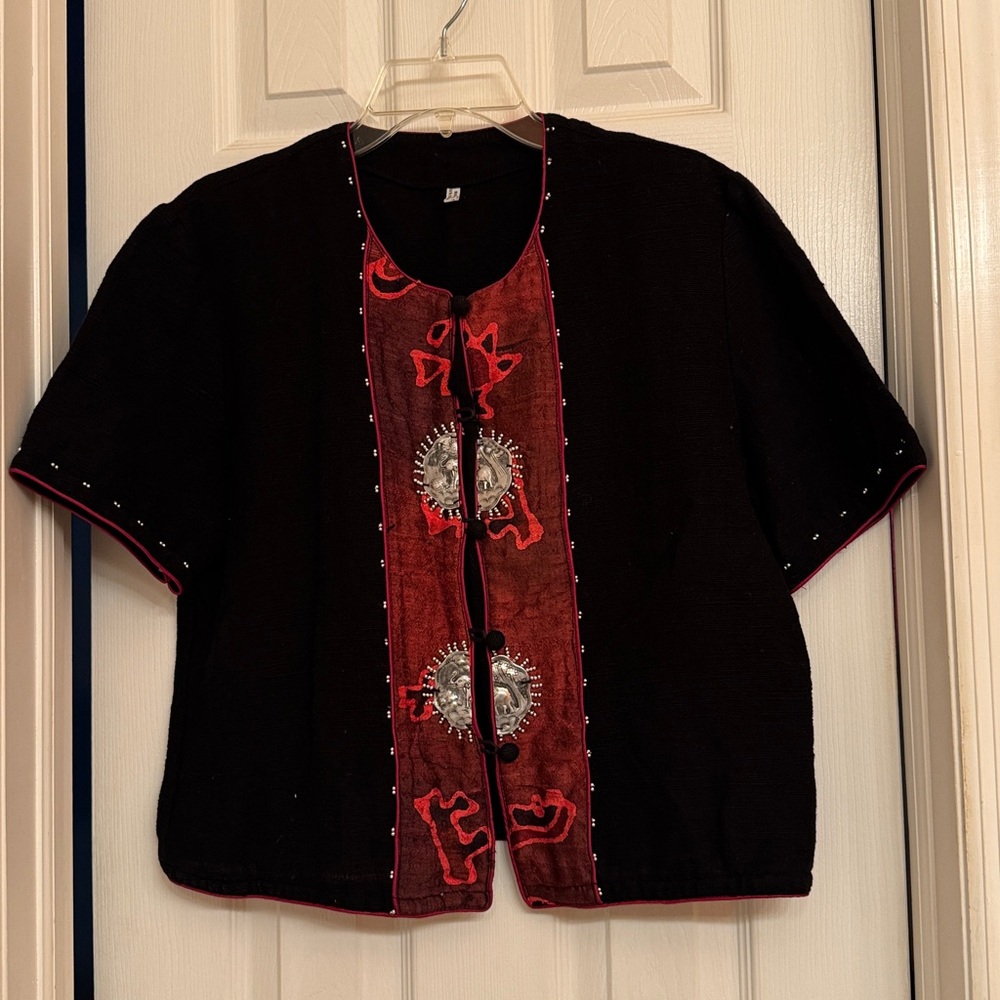 Women's Black and Red Linen Shirt with Silver Elephant Accent Buttons